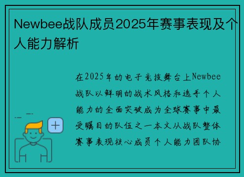 Newbee战队成员2025年赛事表现及个人能力解析